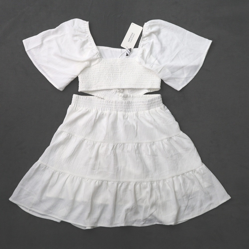 New Style Two Piece Skirt Set Womens White New Smocked Crop Top Tiered Skirt
